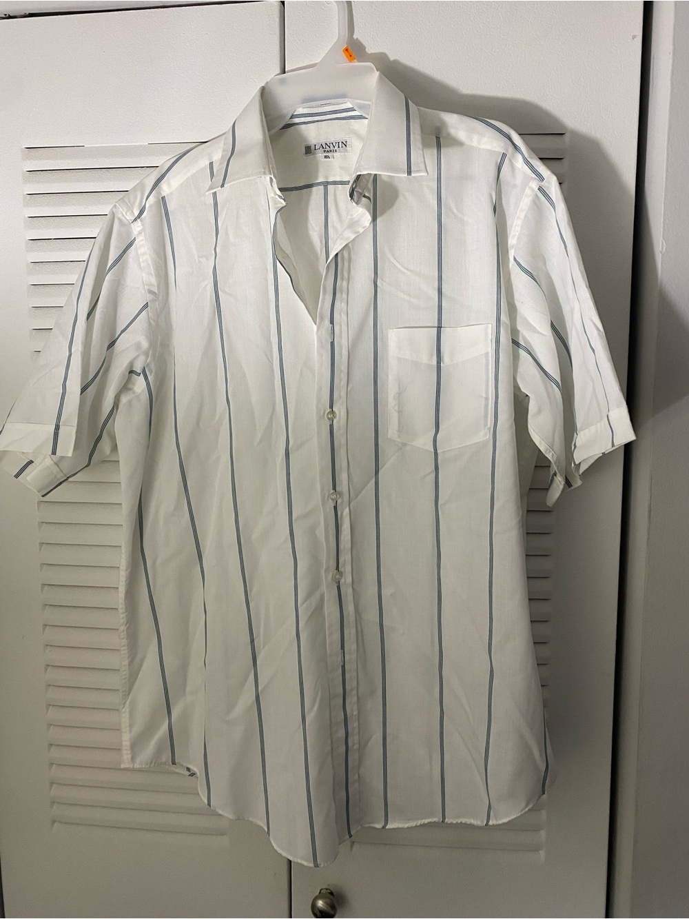 Lanvin Paris White Short-Sleeve Button-Up with Light Blue Stripes
